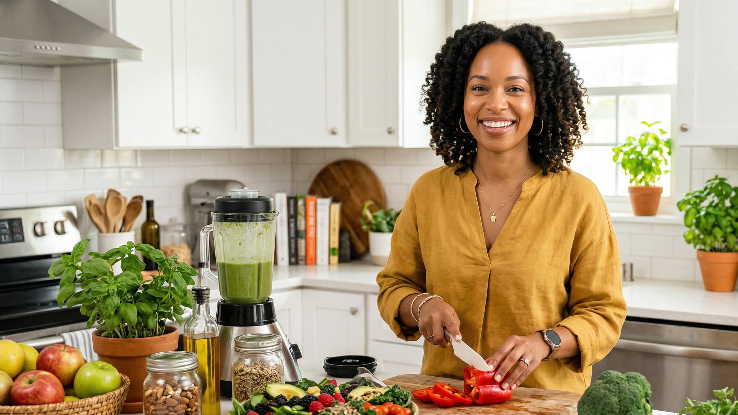 Woman preparing vegetables in a bright kitchen